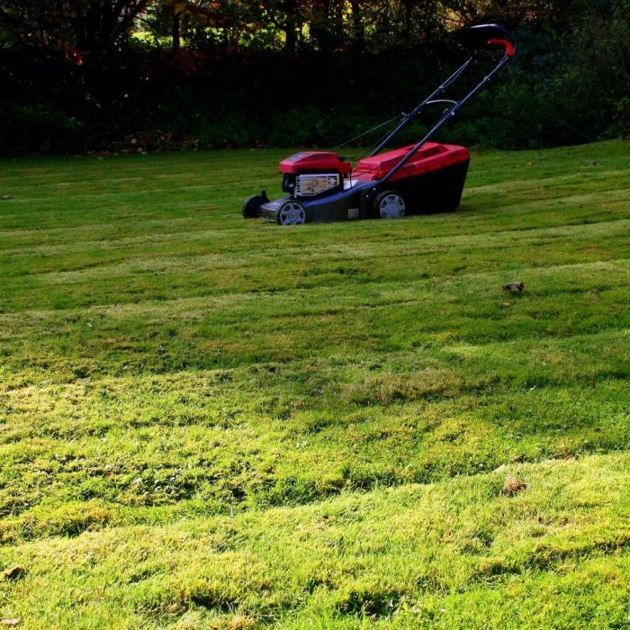 hand push red lawn mower cutting a customers grass